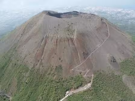 Aerial view of Mt Vesuvius crater and hiking trail, highlight of Vesuvius tour with winery visit