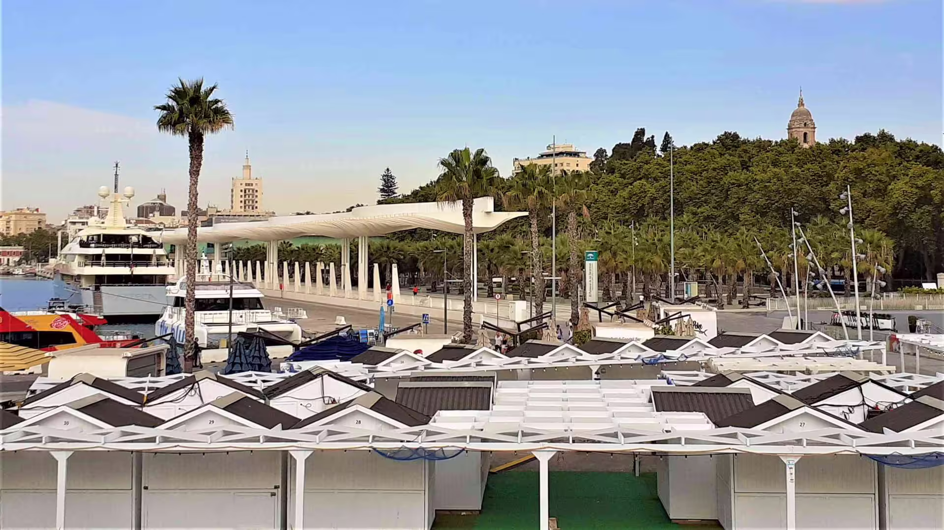 Muelle Uno Malaga port with yachts and palm trees, scenic stop on private tour from Marbella