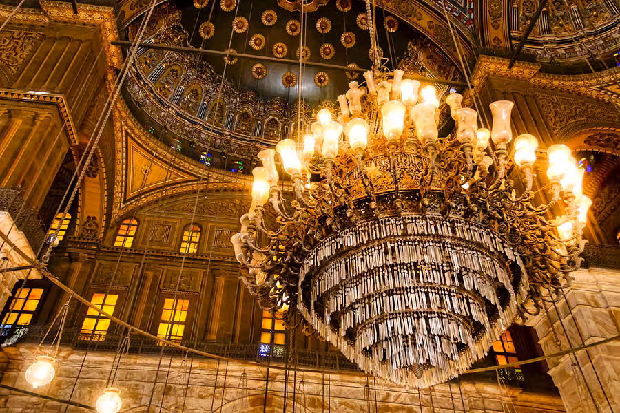 Ornate chandelier inside Muhammad Ali Mosque at Cairo Citadel, a highlight of the private 4-day Cairo tour