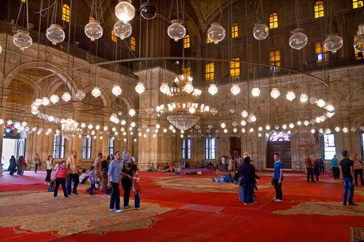 Interior of Muhammad Ali Mosque, Cairo Citadel, chandeliers and red carpet on private 3-day Egypt tour