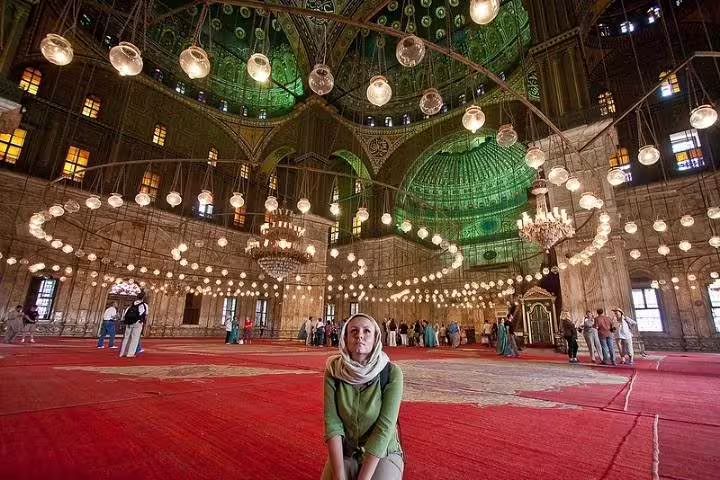 Inside Muhammad Ali Mosque at Cairo Citadel with chandeliers and dome, featured on Old Cairo private tour