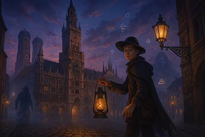Cloaked figure holding lantern on foggy Munich cobblestone street at night with gothic town hall