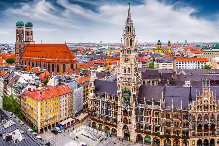 Aerial view of Munich's Marienplatz with Neues Rathaus tower and Frauenkirche cathedral