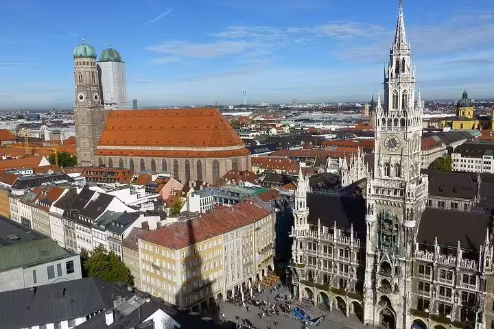 Munich city skyline with Marienplatz and Frauenkirche towers, starting point for Neuschwanstein & Linderhof tour