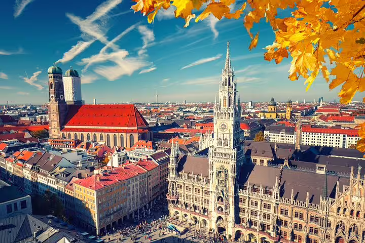 Aerial autumn view of Munich's Marienplatz with New Town Hall tower and Frauenkirche cathedral