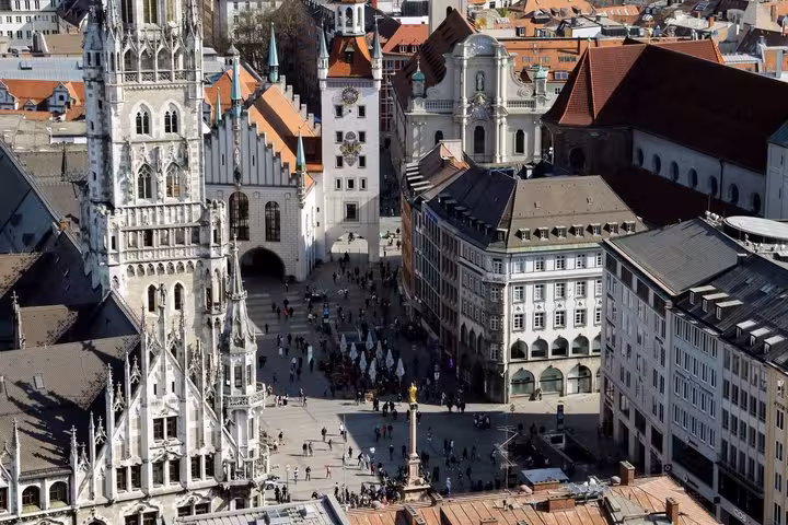 Aerial view of Munich Marienplatz and Neues Rathaus, city highlight on Vienna to Munich private transfer tour