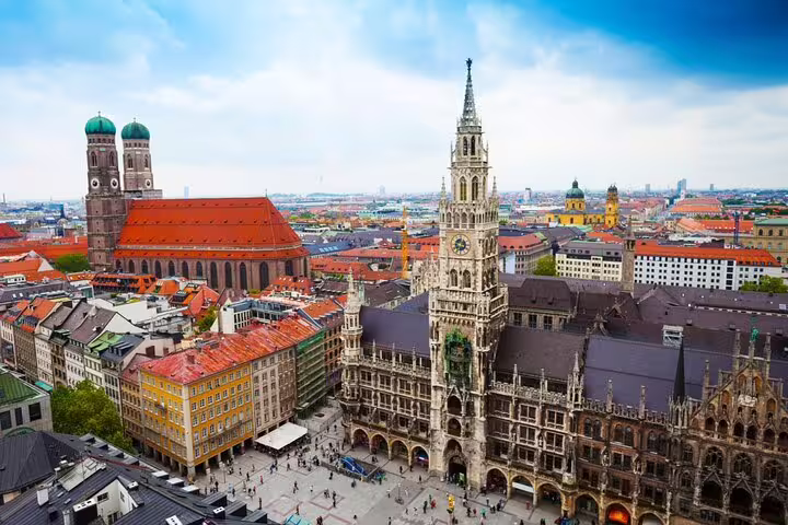 Aerial view of Munich Old Town with Marienplatz, New Town Hall tower, and Frauenkirche cathedral
