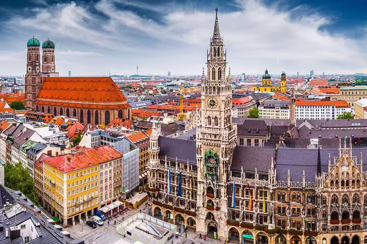 Aerial view of Munich city center featuring Frauenkirche cathedral and New Town Hall at Marienplatz