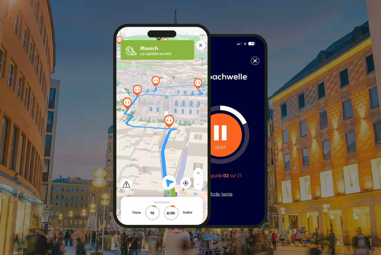 Munich self-guided walking tour app showing 3D map with audio guide stops and playback screen