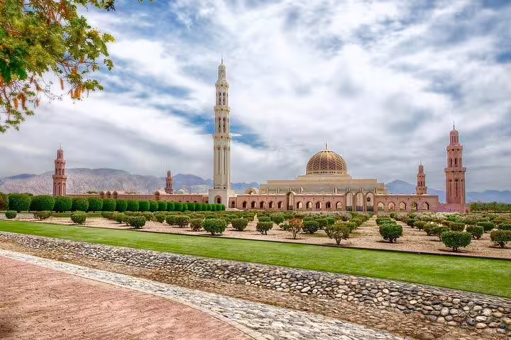 Explore the stunning architecture of Muscat's Grand Mosque with its ornate domes and lush gardens on this private tour.