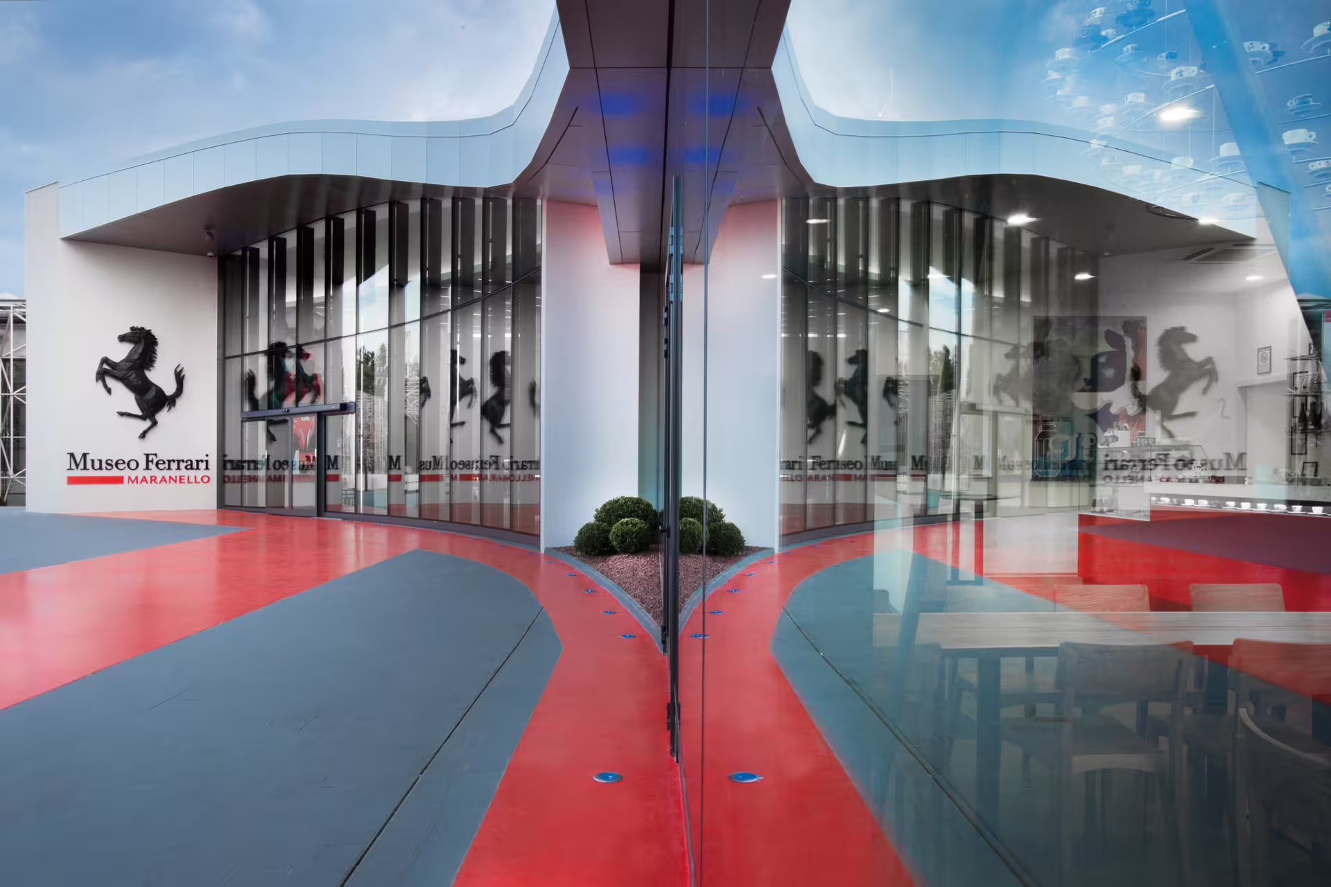 Entrance of Museo Ferrari Maranello near Modena, part of Ferrari Museums and Luciano Pavarotti Museum combo