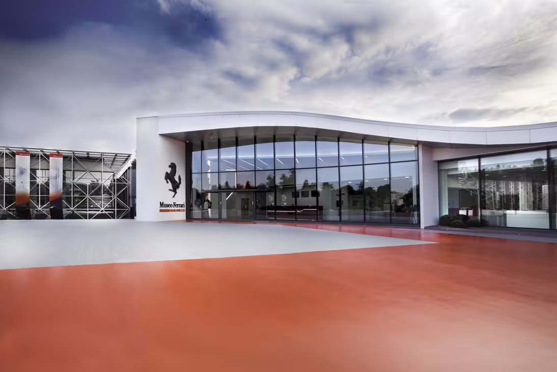 Exterior of Museo Ferrari Maranello, included entrance ticket on panoramic shuttle tour inside Fiorano track