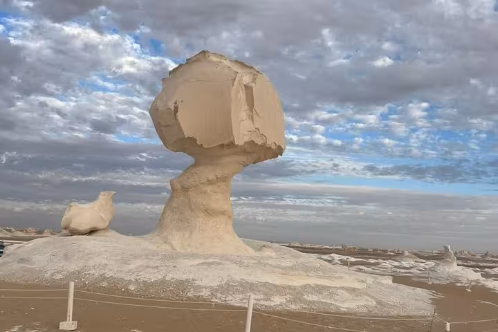 Mushroom rock in Egypt’s White Desert on a private 2-day Black and White Desert camping safari tour