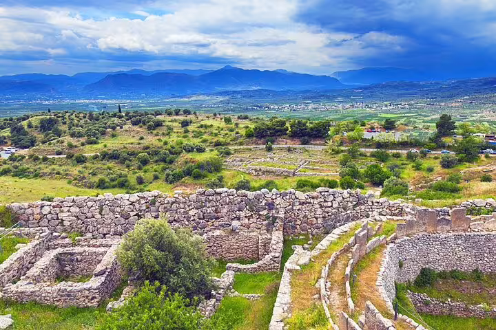 Panoramic view over Mycenae archaeological site and Argolid valley on a full-day private Athens tour to Epidaurus