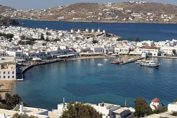 View of Mykonos Old Port and Little Venice waterfront from above on a private Mykonos classic island tour