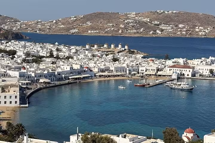 Panoramic Mykonos Old Port and Little Venice bay view with windmills, seen on a private highlights tour