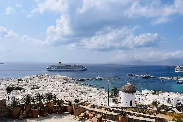 Scenic Mykonos Town and Aegean Sea panorama with windmill viewpoint on a private Mykonos highlights tour