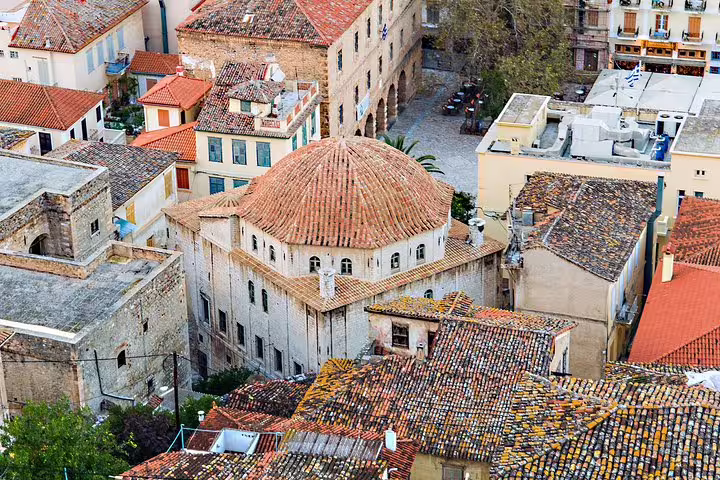 Nafplio old town rooftops and historic church dome, stop on Mycenae Epidaurus Nafplio private tour