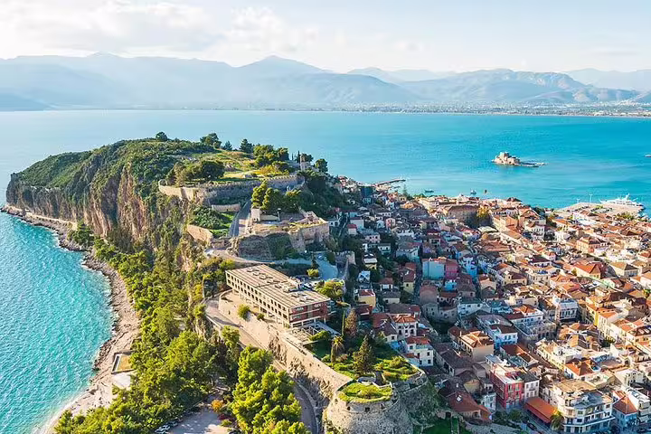 Aerial view of Nafplio Old Town and Palamidi Fortress by the sea, highlight of Corinth Epidaurus private tour
