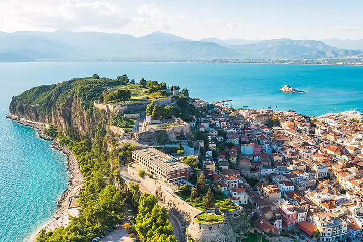 Panoramic Nafplio Old Town and Palamidi Fortress by the sea, highlight of a private day tour from Athens