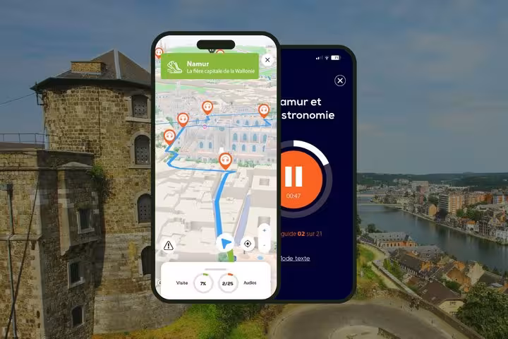 Namur self-guided walking tour app showing GPS map with audio guide on smartphone screens