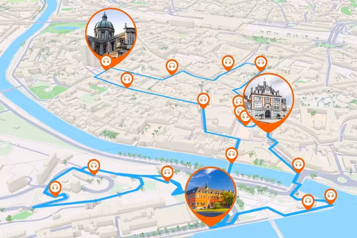 GPS map of Namur self-guided walking tour route with audio guide pins and landmark photos