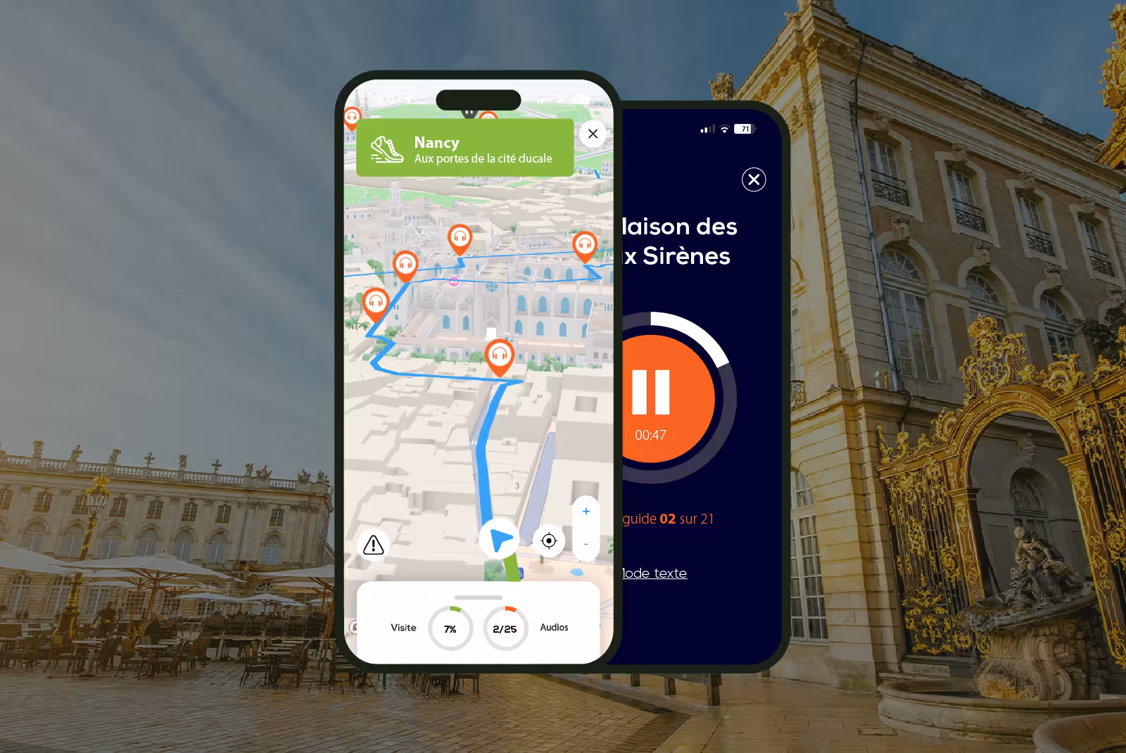 Nancy audioguide mobile application interface on smartphone with the golden grids in the background.