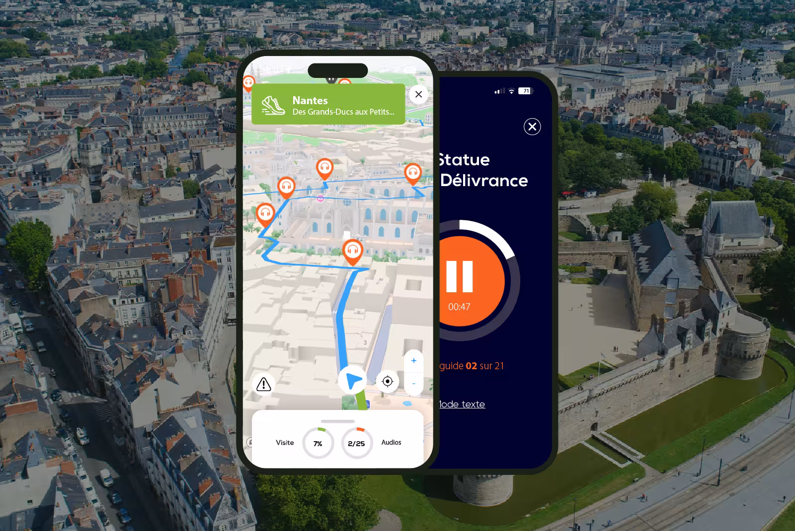 Interface mobile application audioguide Nantes on smartphone with aerial view in the background.