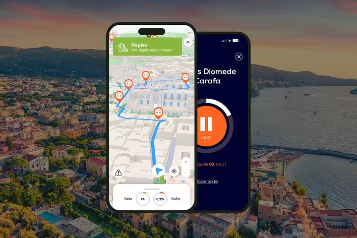 Naples self-guided walking tour app showing 3D map with audio commentary on smartphone screens