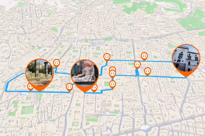 Interactive map of Naples self-guided walking tour route with audio stop markers and landmark photos