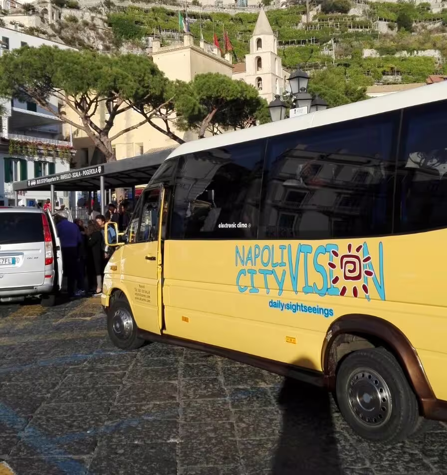 Naples City Vision minibus pickup point for low-cost Vesuvius tour from Naples with group boarding