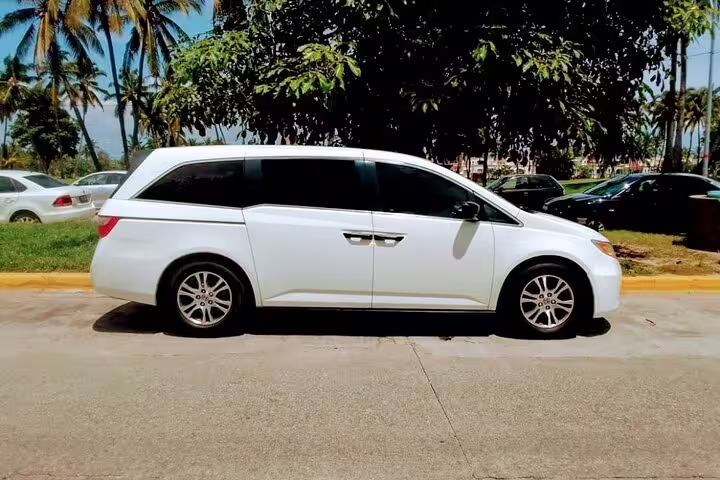 White minivan parked near palm trees for Nassau cruise port private transfer to Nassau hotels