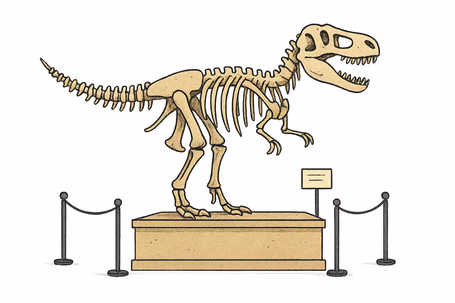 T-rex dinosaur skeleton fossil exhibit on display pedestal at Natural History Museum London