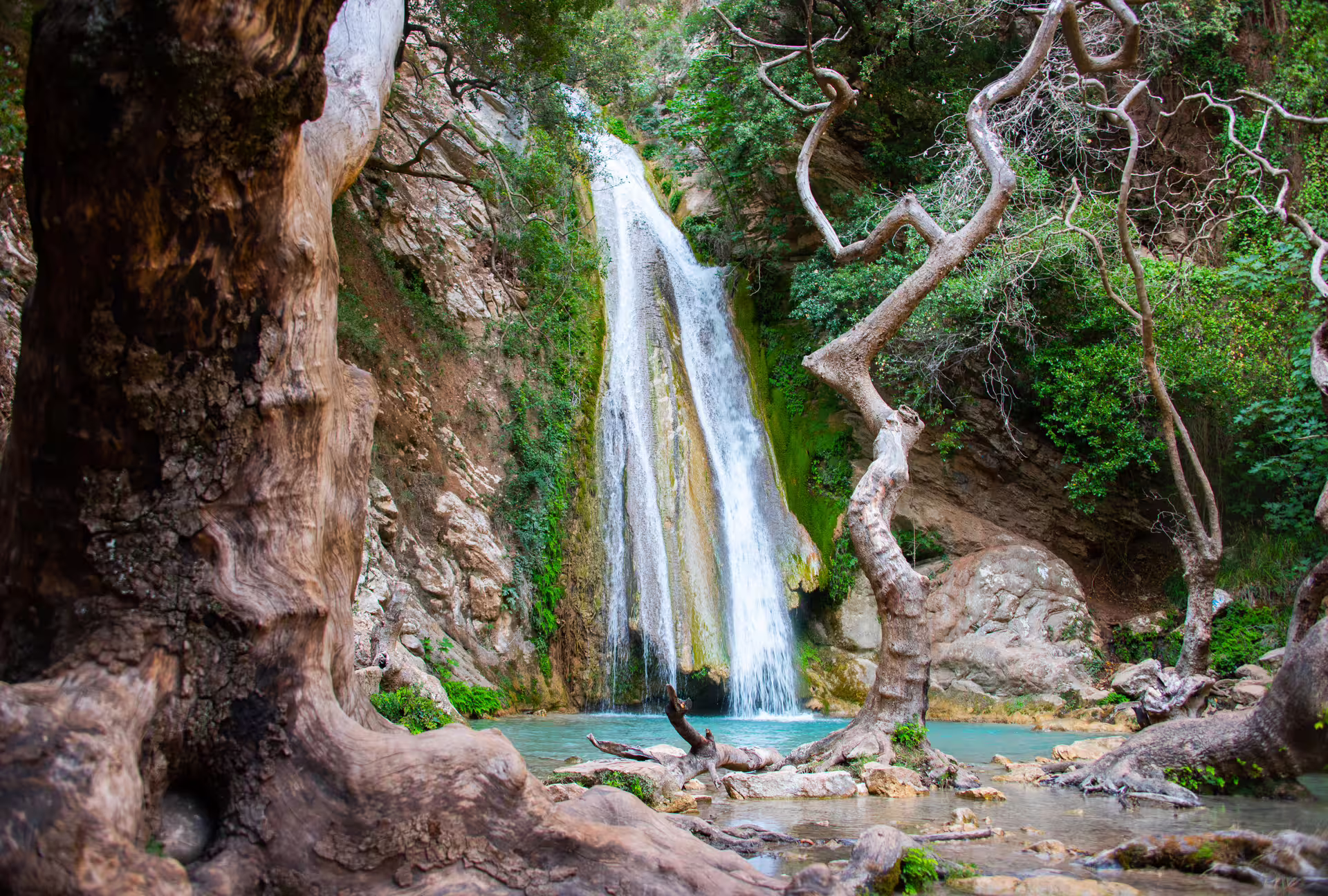 Neda Waterfalls canyoning tour view of tall waterfall pouring into turquoise pool in lush forest gorge