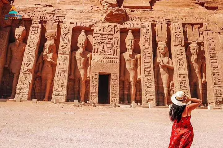 Nefertari temple facade at Abu Simbel with hieroglyphs, private guided Aswan to Abu Simbel flight tour