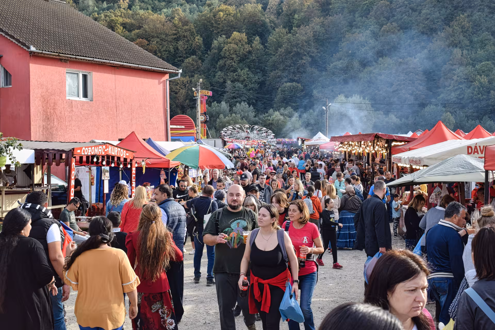 Lively crowd exploring colorful food stalls and vendor tents at the vibrant Negreni Flea Market festival