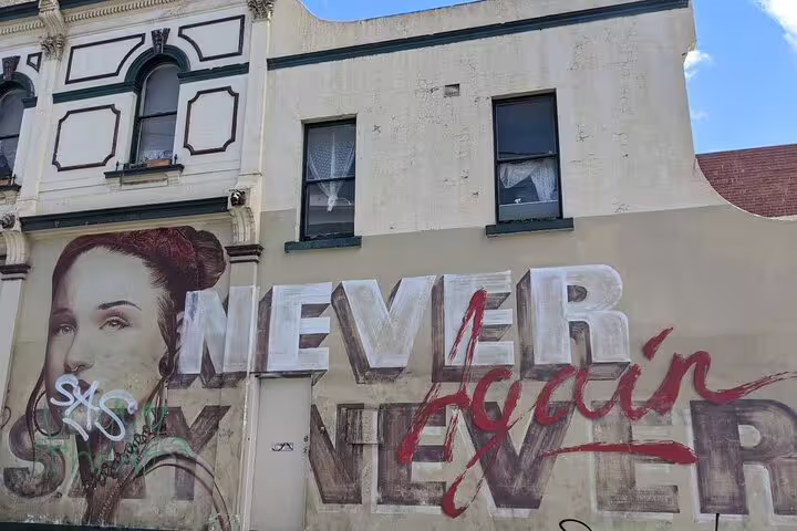 Never Again Never street art mural with woman portrait on Melbourne laneway building wall