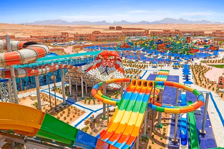Panoramic view of Neverland Aqua Park near Hurghada with giant slides, lunch and hotel transfers included