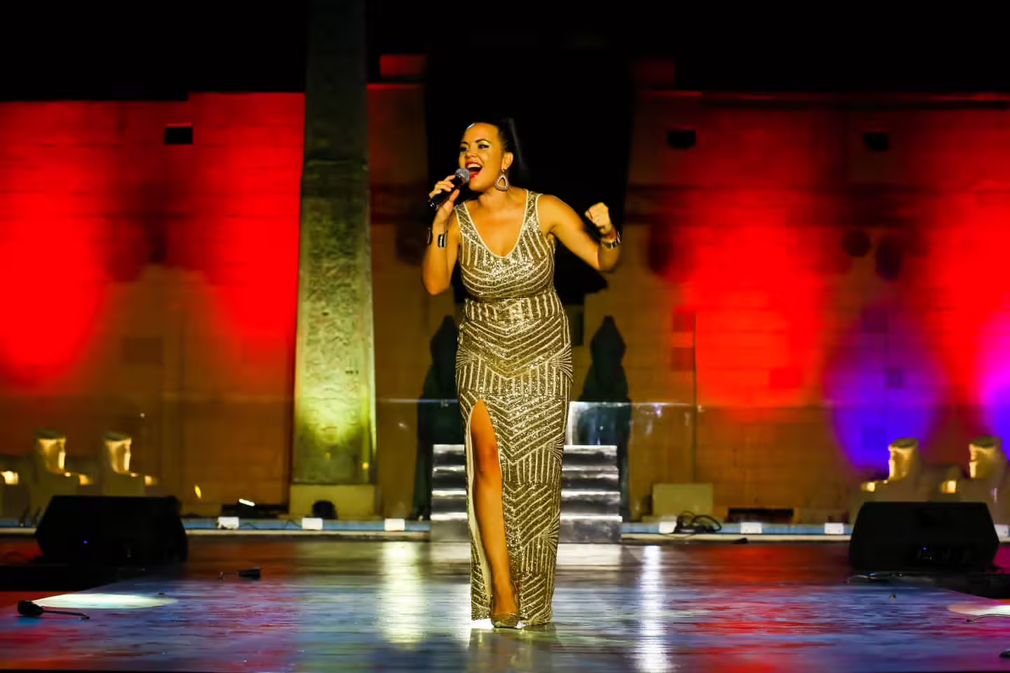 Singer performing live at Neverland Show Sharm El Sheikh, vibrant stage lights and evening show vibe
