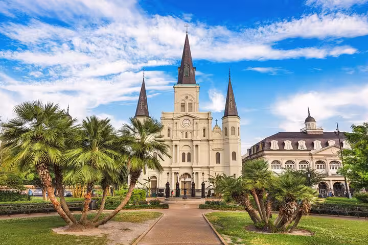 St. Louis Cathedral and Jackson Square palm trees in New Orleans French Quarter