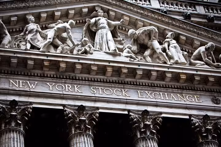 New York Stock Exchange neoclassical facade with sculptures and columns in Lower Manhattan