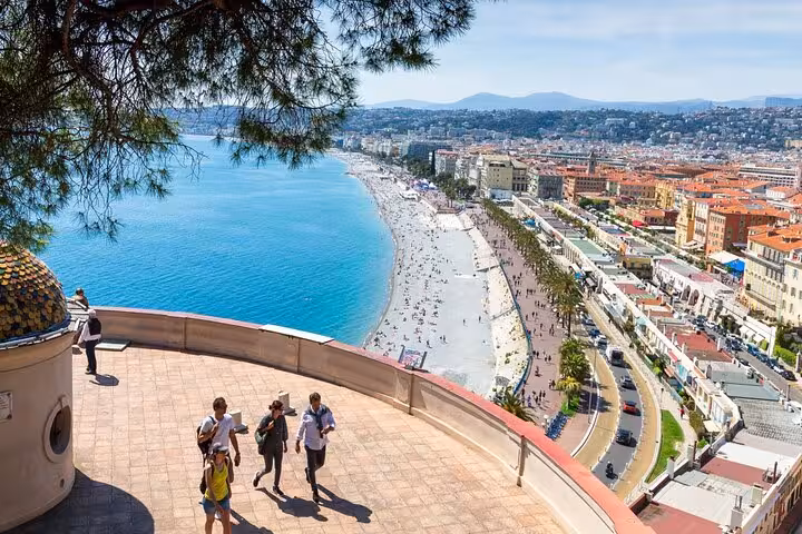 Panoramic view of Nice French Riviera coastline with turquoise Mediterranean sea and Promenade des Anglais