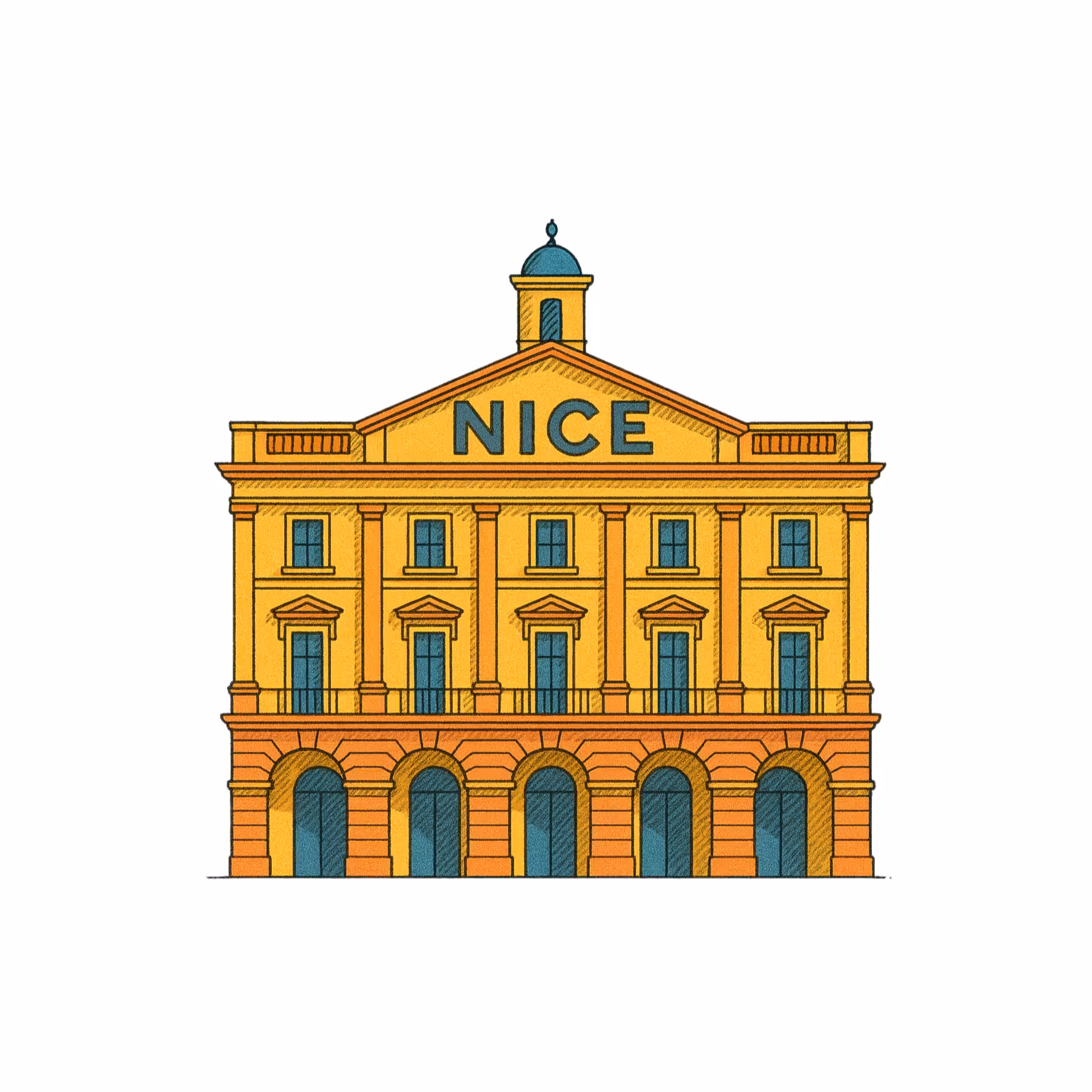 Illustrated yellow neoclassical building with arched arcades and NICE sign on pediment, representing Nice Old Town