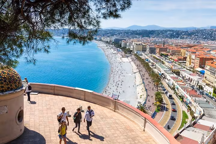 Aerial view of Nice's Promenade des Anglais and turquoise Mediterranean coastline from Castle Hill