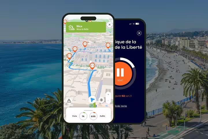 Self-guided walking tour app in Nice showing GPS map navigation and audio guide on smartphone screens