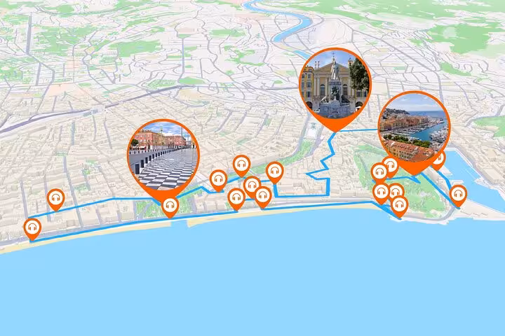 Interactive GPS map of Nice with audio guide pins marking walking tour stops along the Mediterranean coast
