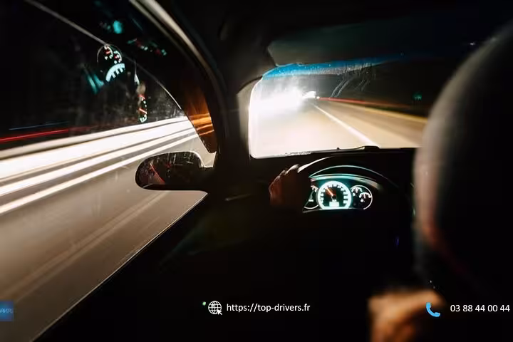 Driver at night steering wheel with glowing dashboard on private transfer route between Strasbourg and Colmar