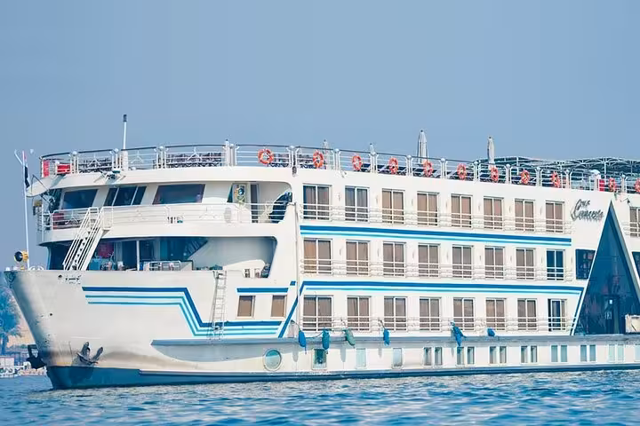 Luxury Nile cruise ship sailing between Aswan and Luxor, 4-day itinerary with Abu Simbel excursion