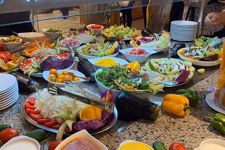 Fresh salad buffet on Nile cruise dining, 4-day Aswan to Luxor itinerary with Abu Simbel excursion