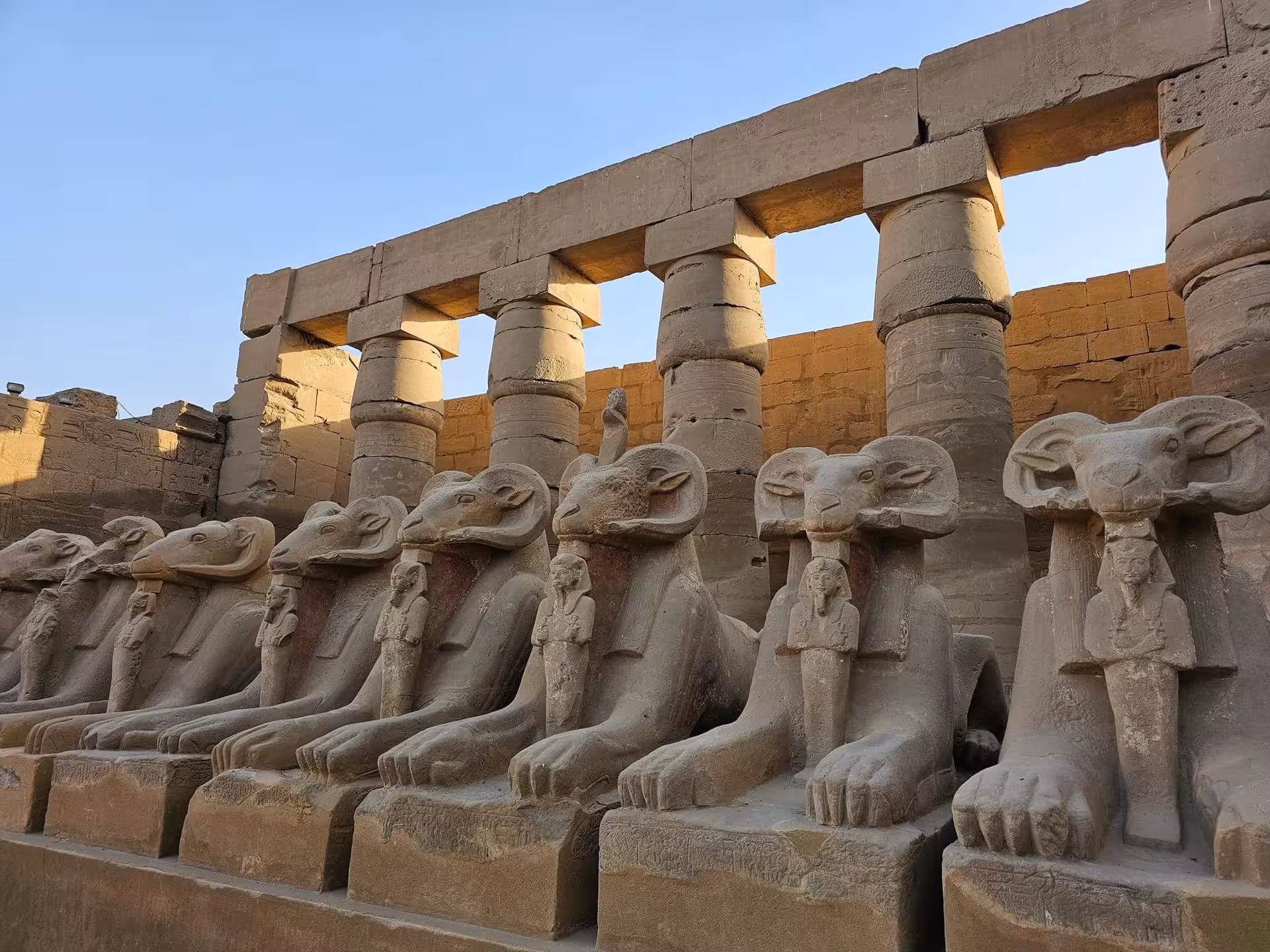 Ram-headed sphinx avenue at Karnak Temple, Luxor, a highlight on the 5-star Nile Pearl Nile cruise tour